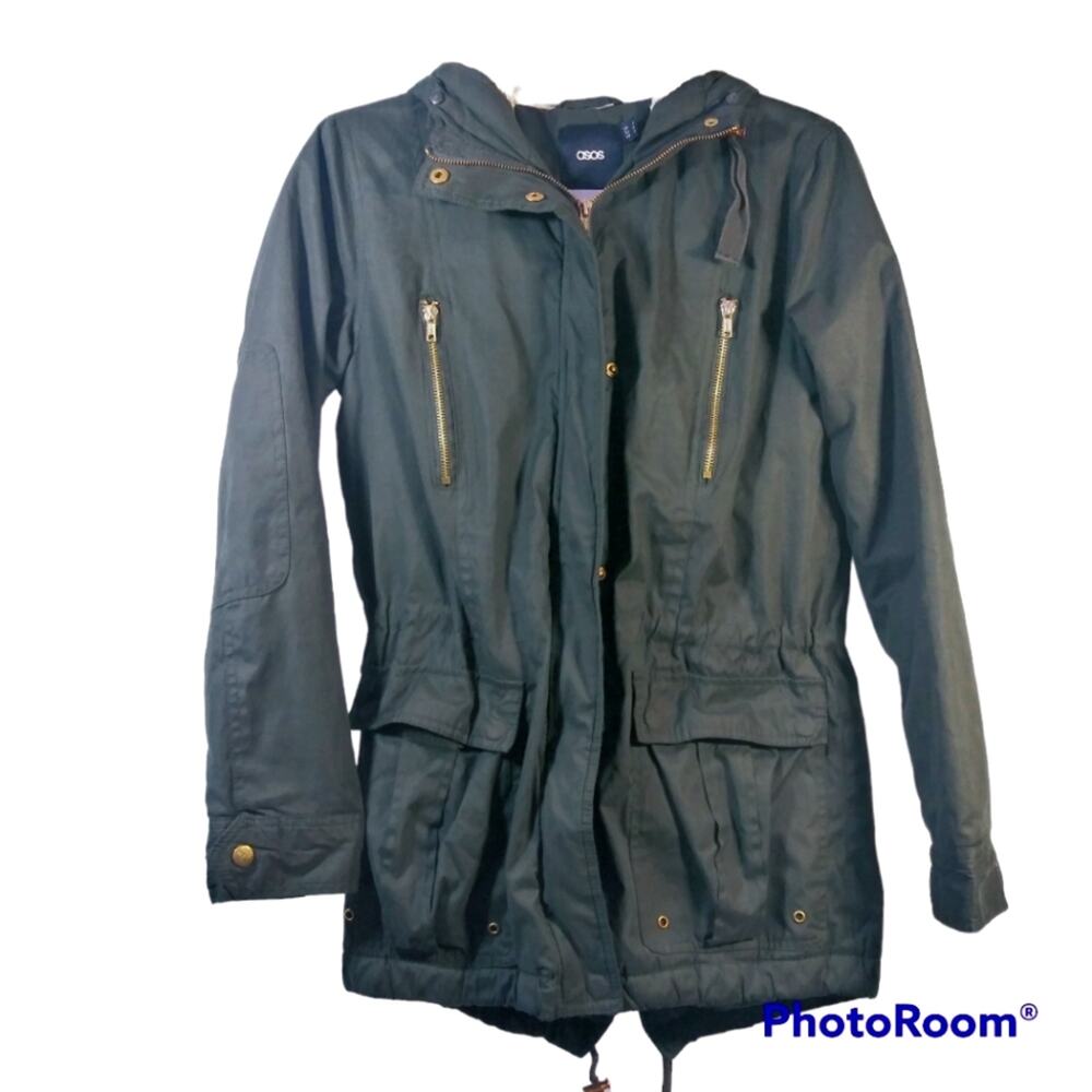 Asos Army Green Utility Jacket Quilted Liner Sherpa lined Hood Size 2
